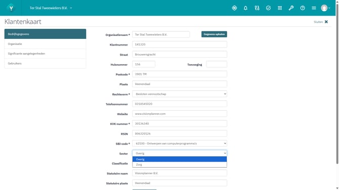 Visionplanner Core - Klantenkaart Sector